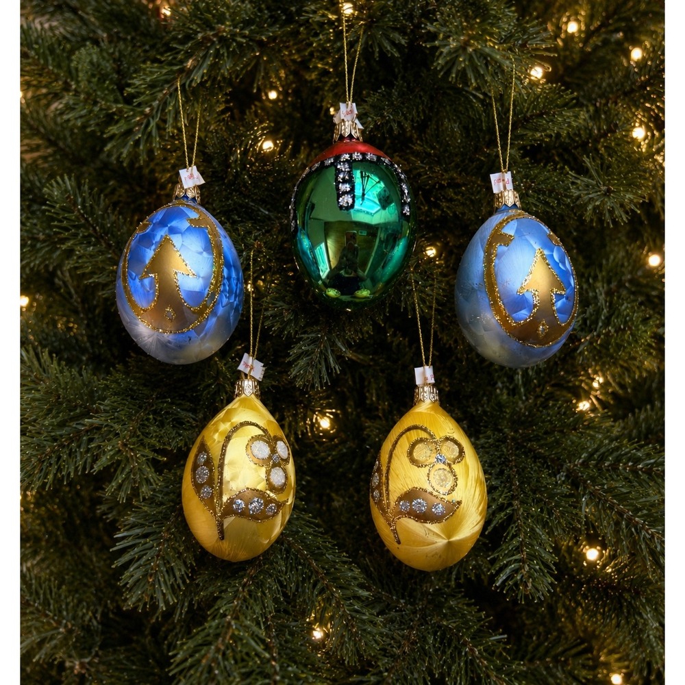 Five Polish Glass Christmas Ornaments Hand Painted Glitter Rhinestones Vintage